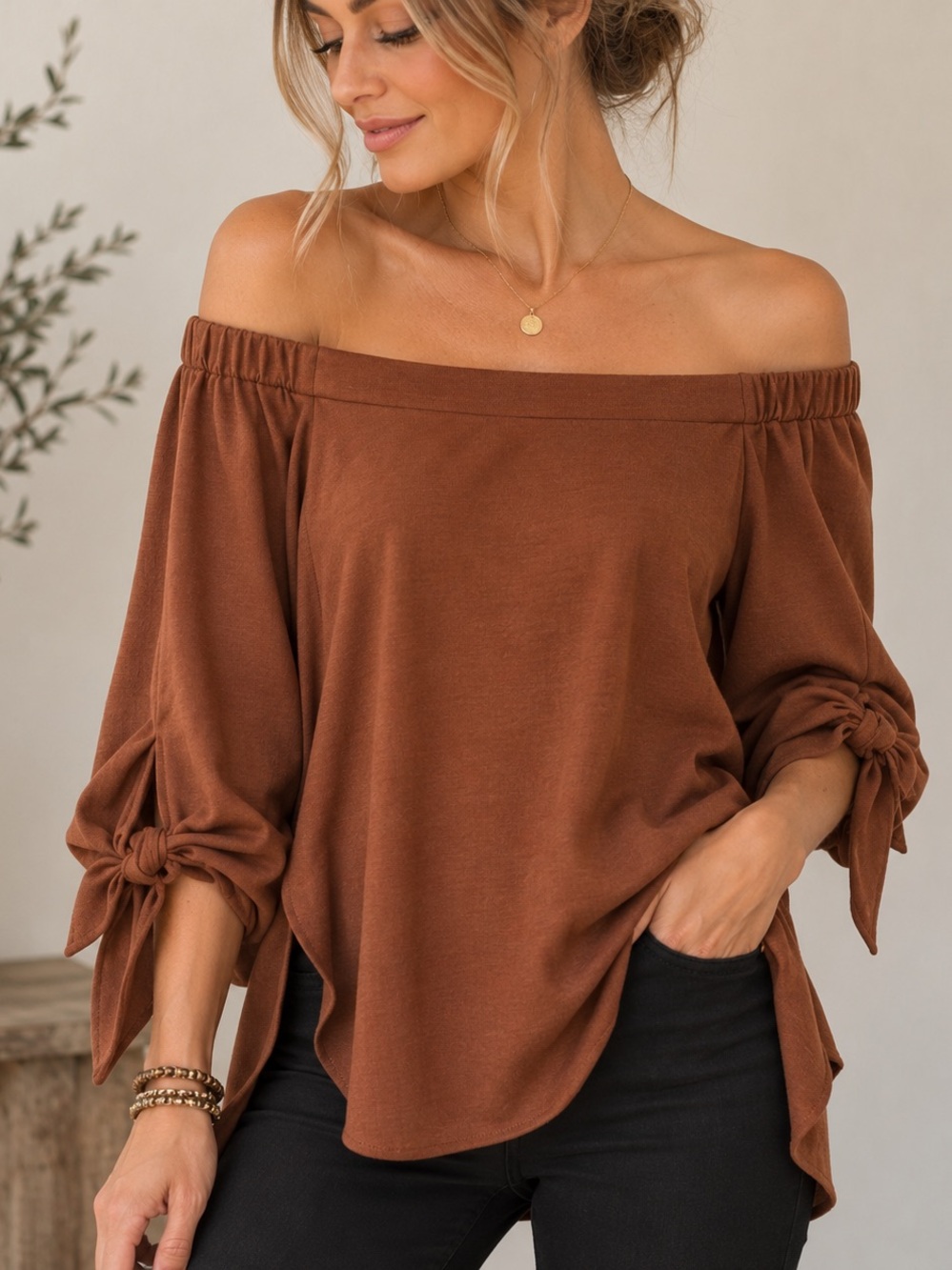 Tibi Wool Blend Off Shoulder Tie Sleeve Blouse Rust Brown